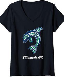 Womens Blue Green Native American Tillamook OR Orca Killer Whale V-Neck T-Shirt