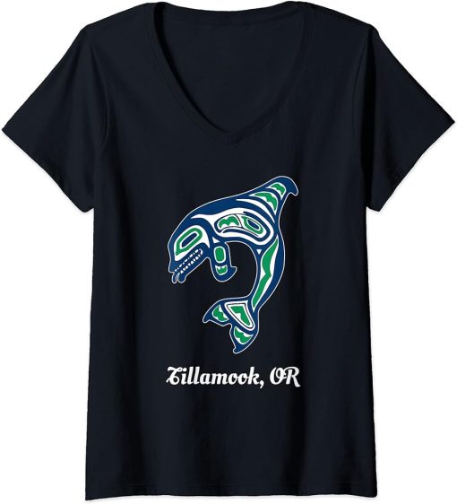 Womens Blue Green Native American Tillamook OR Orca Killer Whale V-Neck T-Shirt