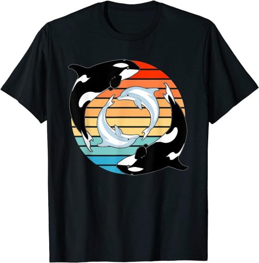 Orca whales and Dolphins retro sunset T-Shirt