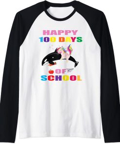 Cool Happy 100th Day of School Unicorn Riding Orca Raglan Baseball Tee