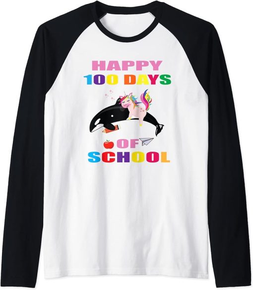 Cool Happy 100th Day of School Unicorn Riding Orca Raglan Baseball Tee