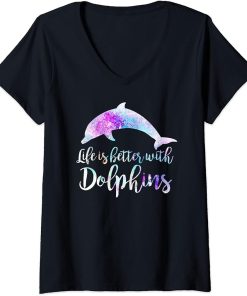 Womens Life is Better With Dolphins Vintage Dolphin Lover Graphic V-Neck T-Shirt