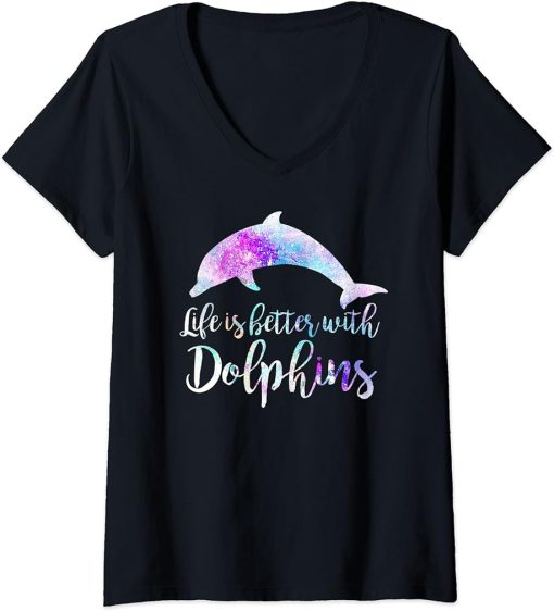 Womens Life is Better With Dolphins Vintage Dolphin Lover Graphic V-Neck T-Shirt