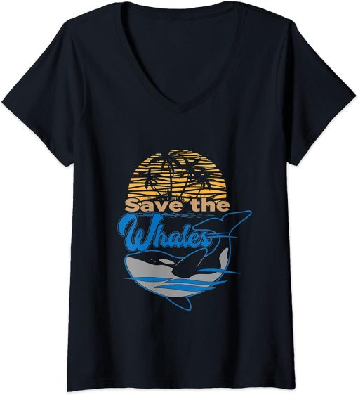 Womens Save the whales orca killer whale art design V-Neck T-Shirt