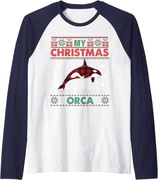 My Spirit Animal Is Orca Lover Xmas Ugly Christmas Sweater Raglan Baseball Tee