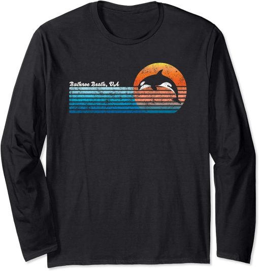 Vintage Buckroe Beach, VA Retro 80s Orca Sunset Long Sleeve T-Shirt