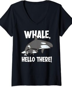 Womens Whale, Hello There Funny Orca V-Neck T-Shirt